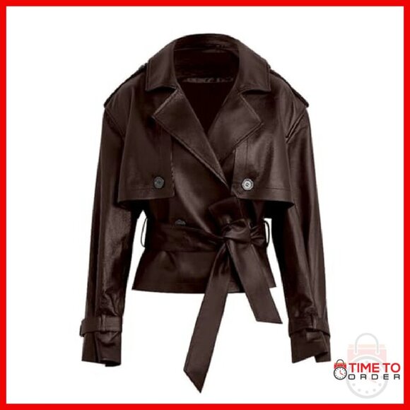 Faux Leather Belted Trench Coat Moto Jacket Women's Size Small - Picture 6 of 7